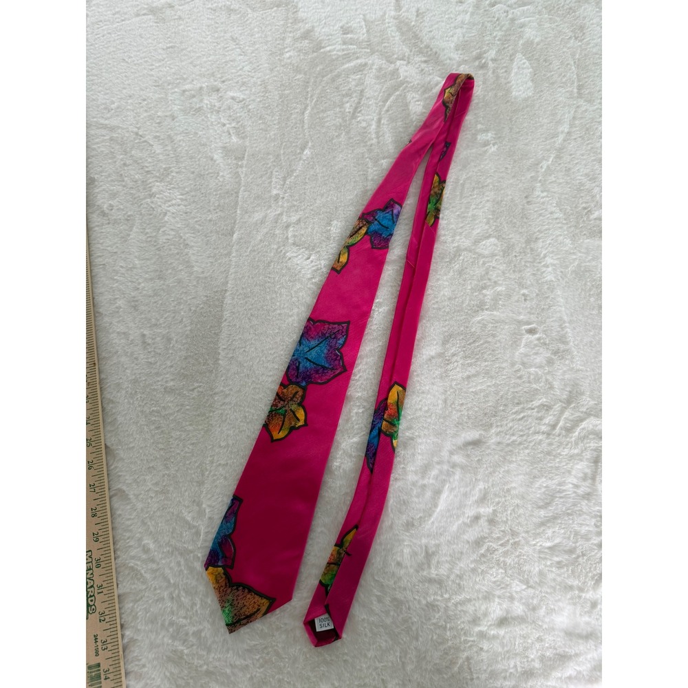 Kriska Hand Painted Silk Tie Hot Pink Multi‎ Color Leaf Botanical Art Necktie